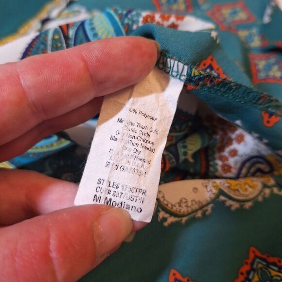 Renee C Green White Paisley Abstract Artsy Satin Short Sleeve Tunic V Neck Sz M - Picture 4 of 9